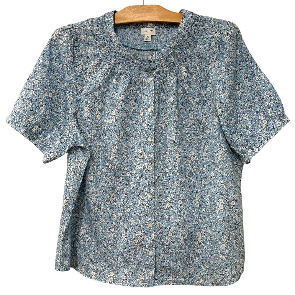 J. Crew Factory | Top Short Sleeve Blue Floral Button Front Linen Blend- Size XL